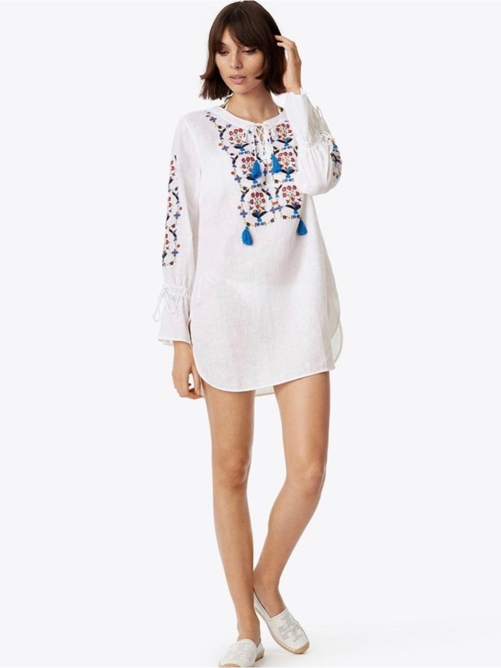 NWT Tory Burch White Embroidered Wildflower Linen Tunic Blouse